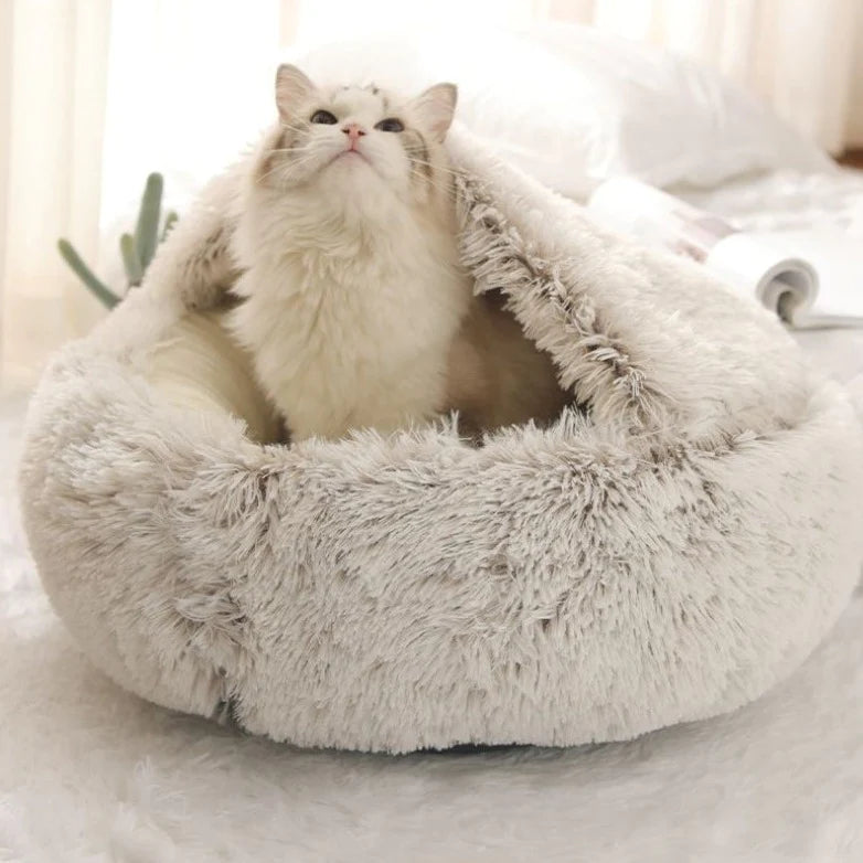 Plush Round Hooded Pet Bed