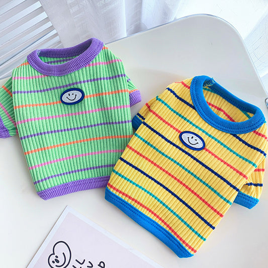 2Pack Smiley Waffle Striped Dog T-Shirt - Green & Yellow