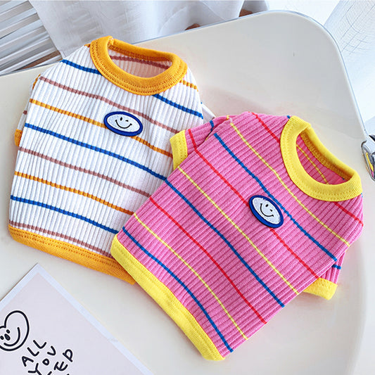 2Pack Smiley Waffle Striped Dog T-Shirt - Pink & White
