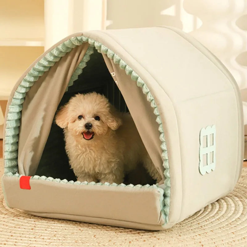 Double Curtain Pet House Enclosed Dog Bed