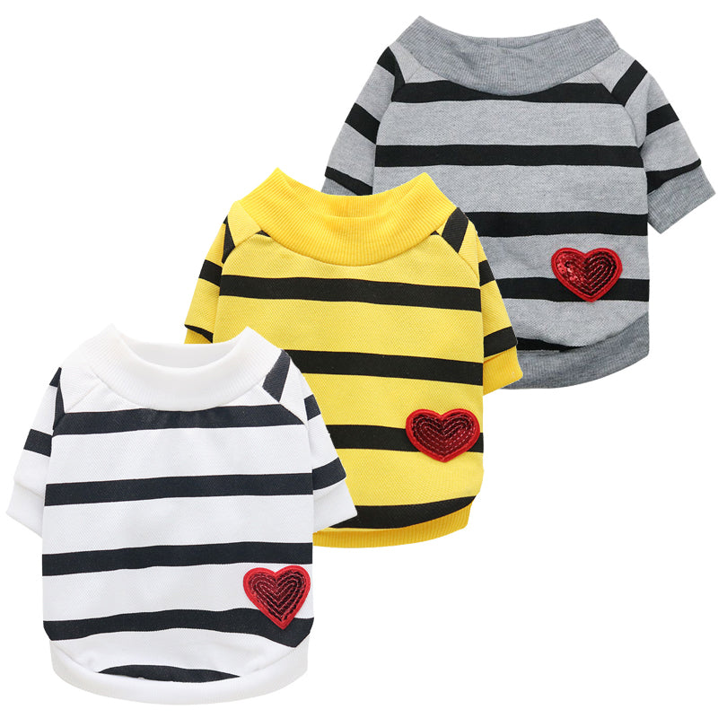 3Pack Sequin Heart Cotton Striped Dog T-Shirt