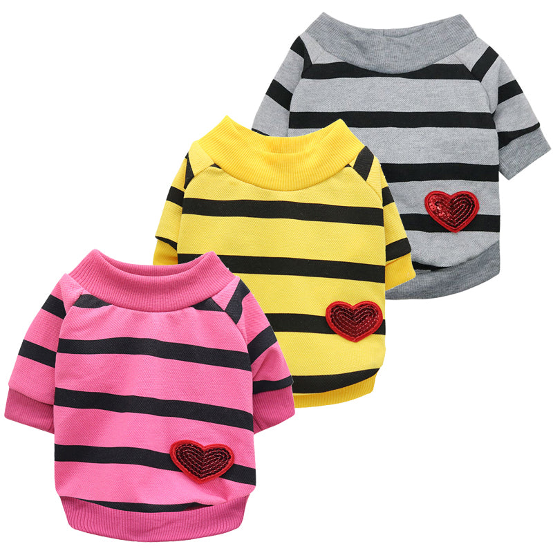 3Pack Sequin Heart Cotton Striped Dog T-Shirt